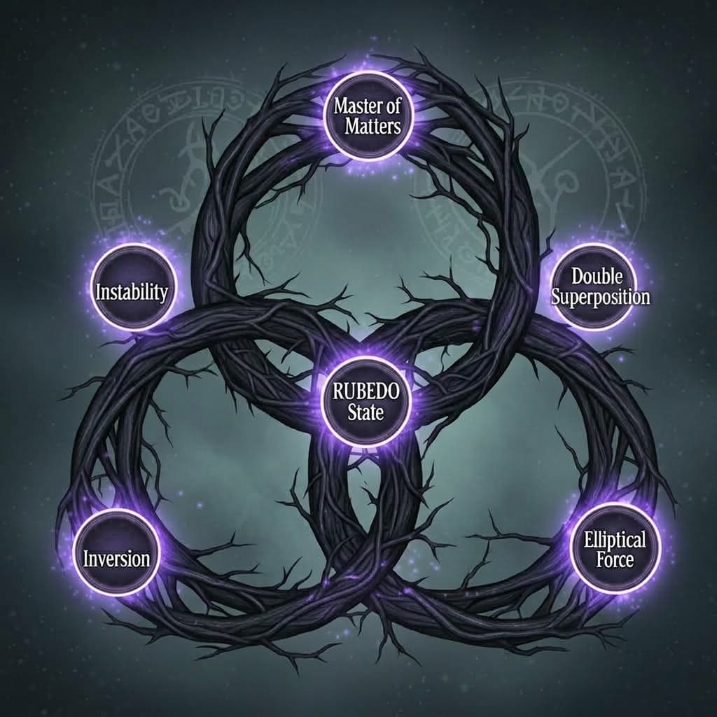 The Rubedo sigil from the game's design document: three interlocking rings of thorned black branch on a misty green ground, the Rubedo state at their centre, and the five quantum abilities set in glowing violet discs around them.