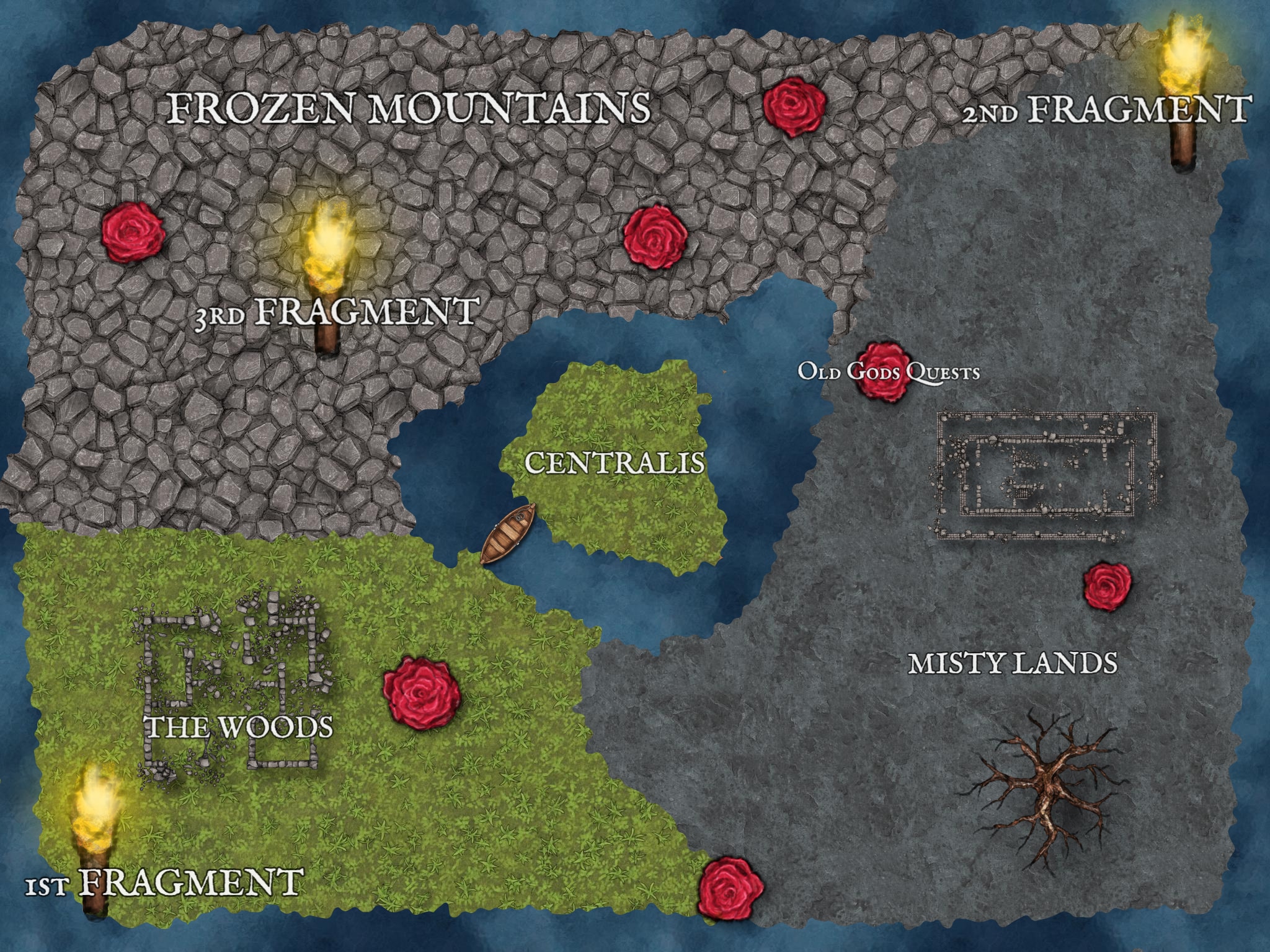 Hand-drawn map of Kaelum: the Frozen Mountains in grey across the north, The Woods in green to the south-west, the small green island of Centralis at the centre with a boat beside it, and the fog-grey Misty Lands filling the east, all surrounded by sea. Three torches mark the fortresses holding the Moon Fragments, and roses mark the Old Gods quests.